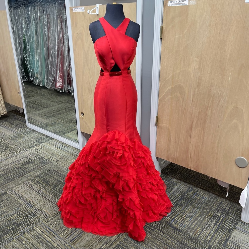 RACHEL ALLAN 4 RED LONG RUFFLE MERMAID PROM DRESS PAGEANT GOWN FORMAL 7521 $700